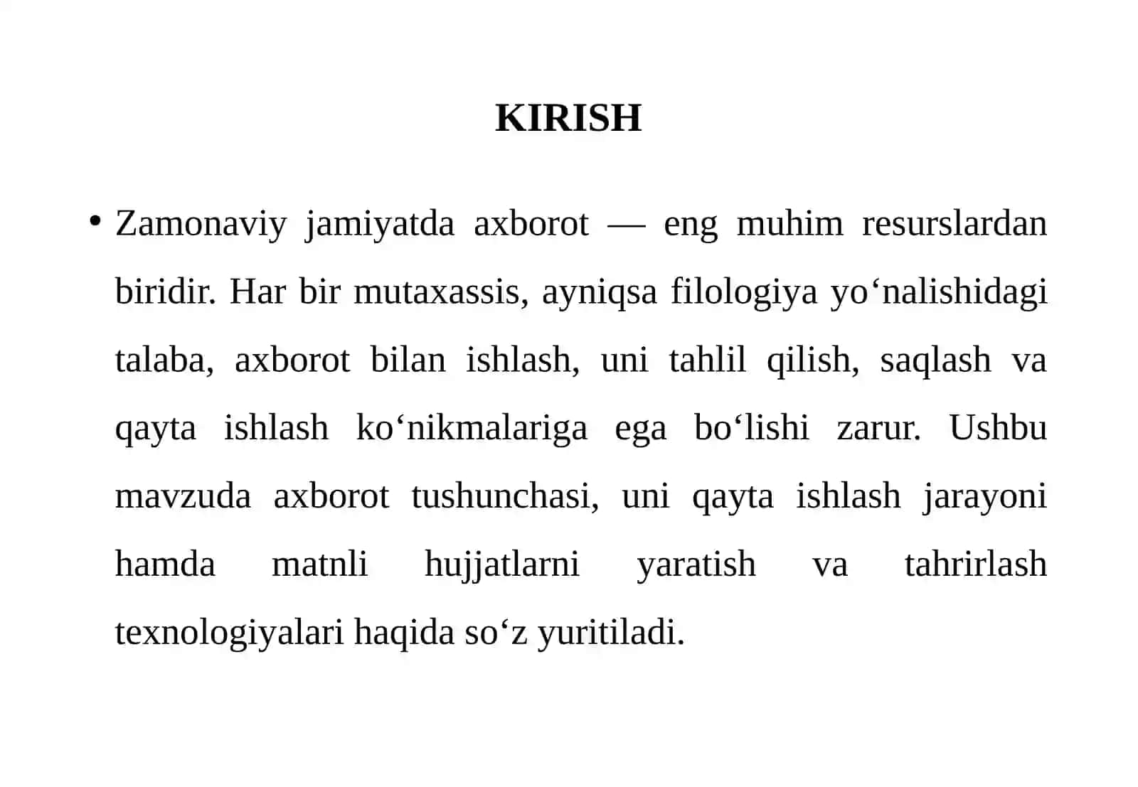 Axborotlarga ishlov berish, matnli hujjatlarni yaratish va qayta ishlash, ulardan foydalanish texnologiyalari 3