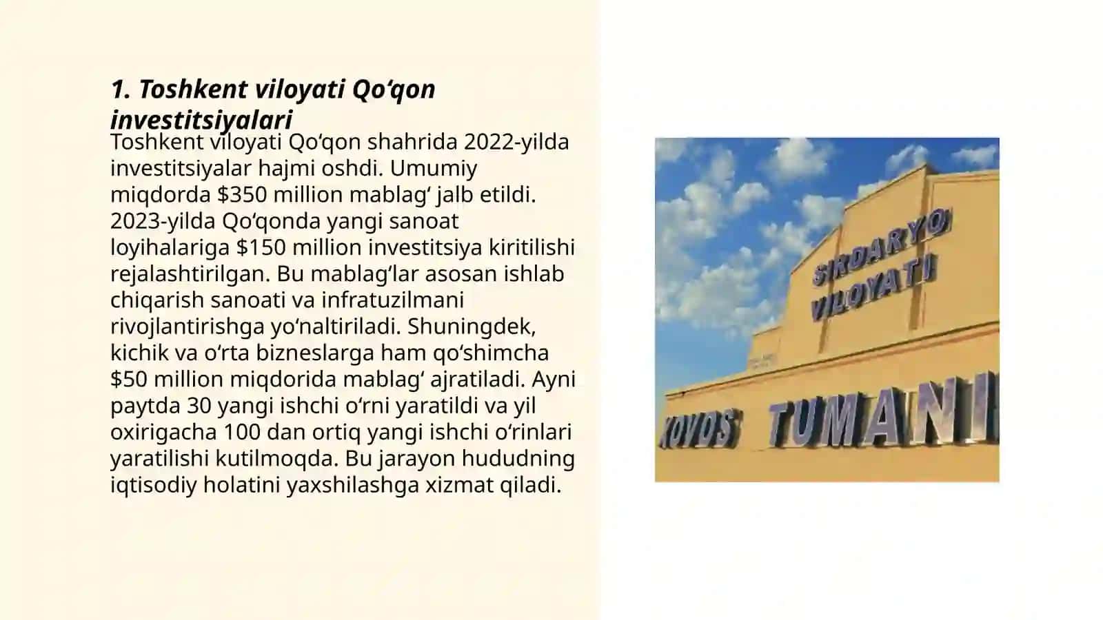 Toshkent viloyati Qo‘qon investitsiyalari 3