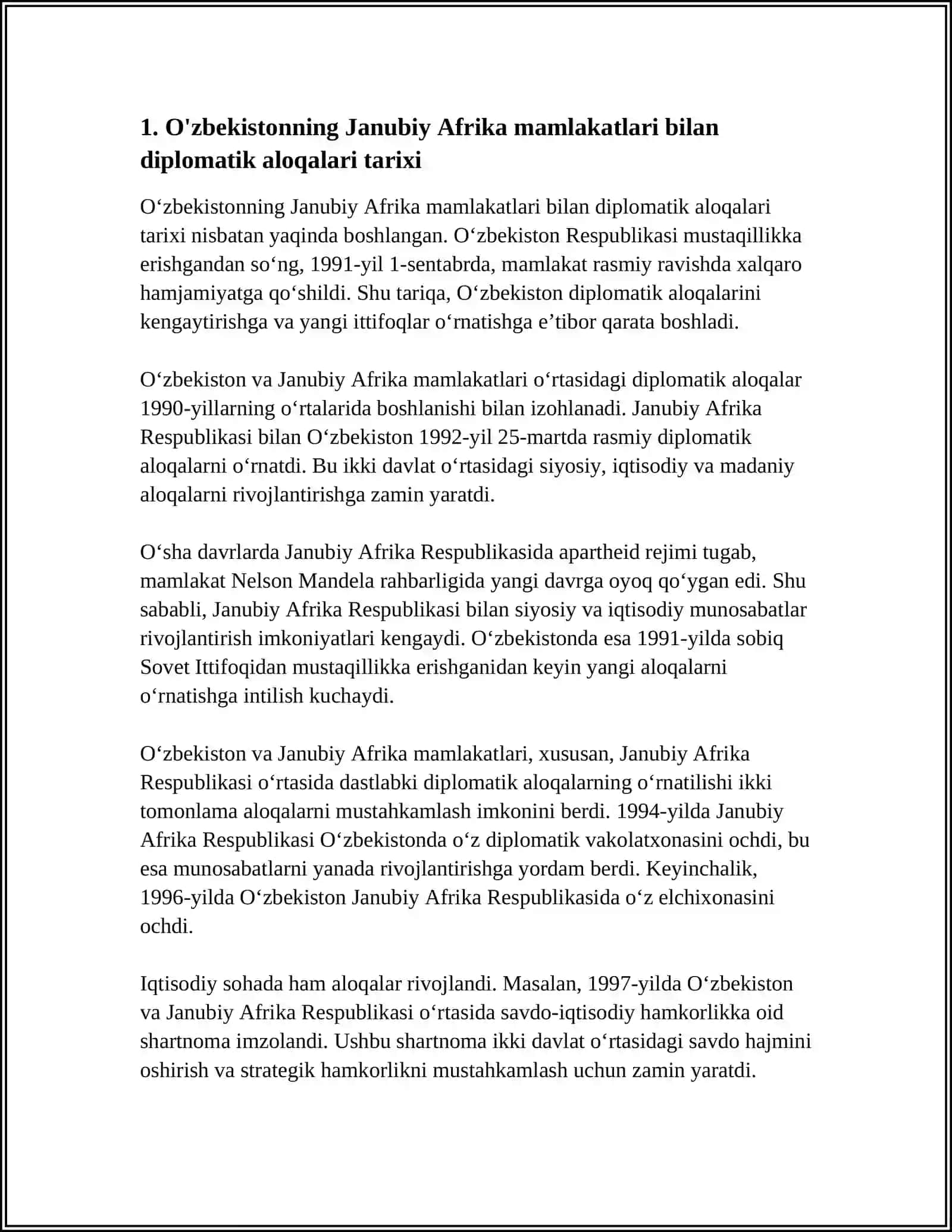 ÒZBEKISTON VA JAHON JAMIYATI ( JANUBIY AFRIKA MAMLAKATLARI XALQARO DIPLOMATIK ALOQALAR MISOLIDA) 3