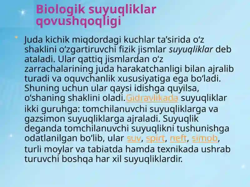 Biologik suyuqliklarning qovushqoqligini aniqlash usullarini o’rganish.Bionika asoslari va ularning inson hayotidagi o’rni.Suyuqliklarni sirt tarangligi .Havo va gaz imolsiyasi. 3