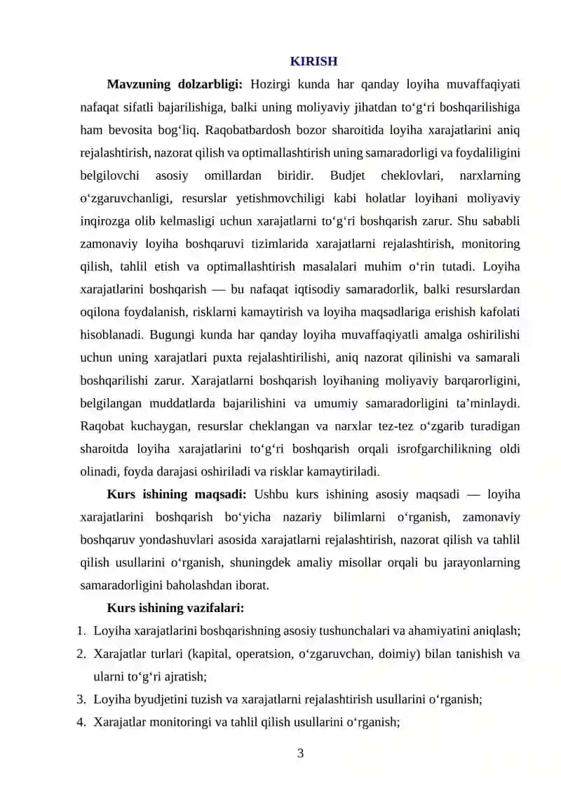 "LOYIHA XARAJATLARINI BOSHQARISHNI TAHLIL QILISH" MAVZUSIDA YOZGAN KURS ISHI 3
