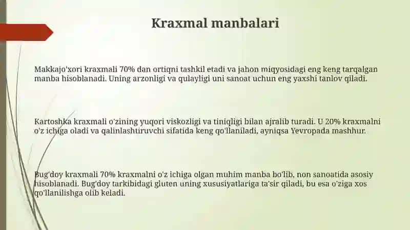Kraxmal modifikatsiyasi va xosilalari olinishi, hamda ularning xossalari 3