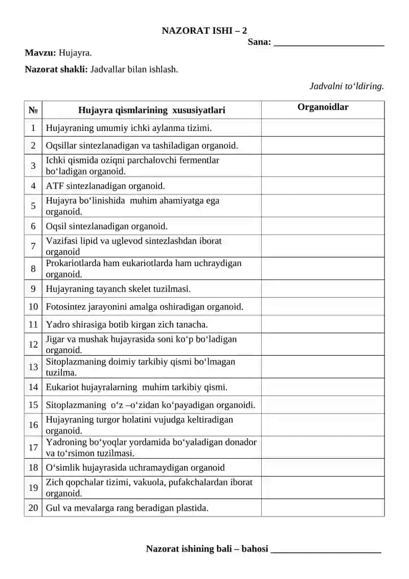 BIOLOGIYA fanidan NAZORAT ISHI DAFTARI 3