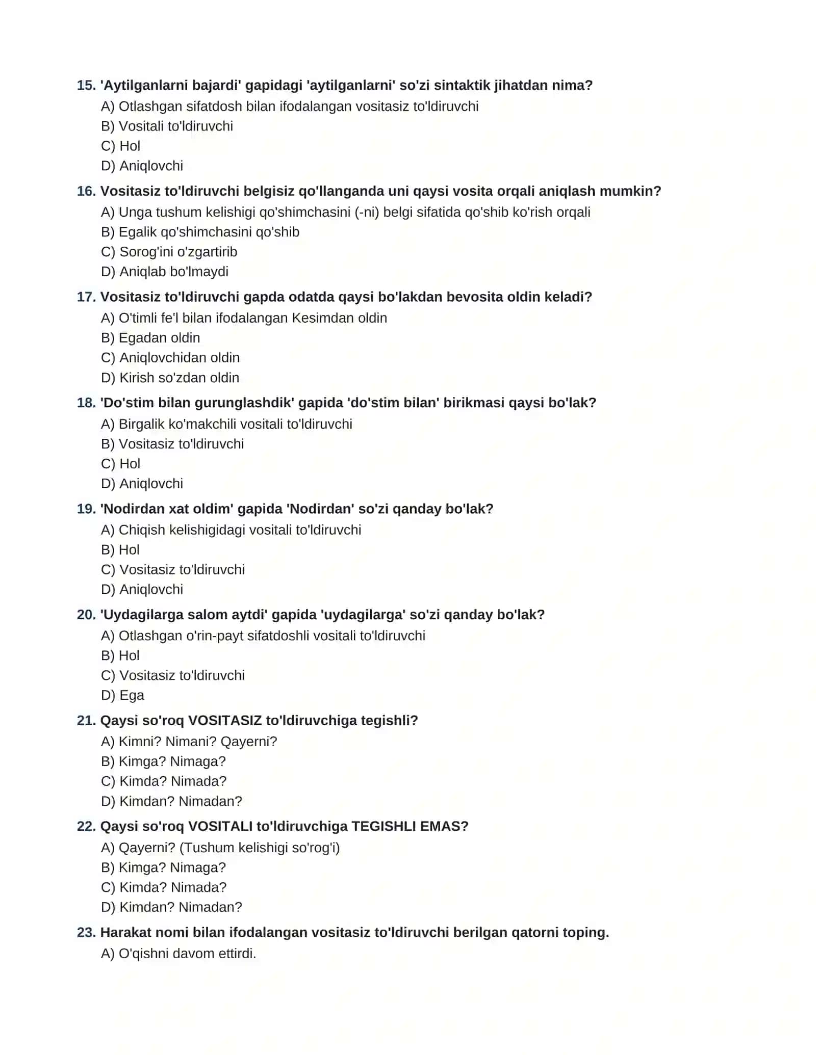 ONA TILI VA ADABIYOT  GAPNING IKKINCHI DARAJALI BO'LAKLARI (TO'LDIRUVCHI,  ANIQOLVCHI VA HOL) 100 TA TEST TOPSHIRIQLARI VA JAVOBLARI 3