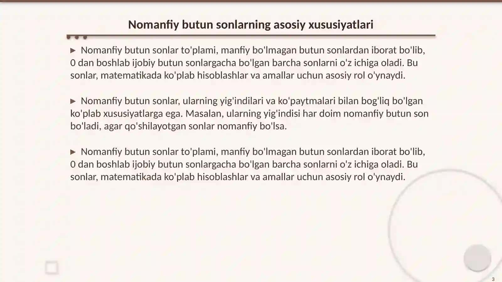Nomanfiy butun sonlar yigindisi va kopaytmasi 3