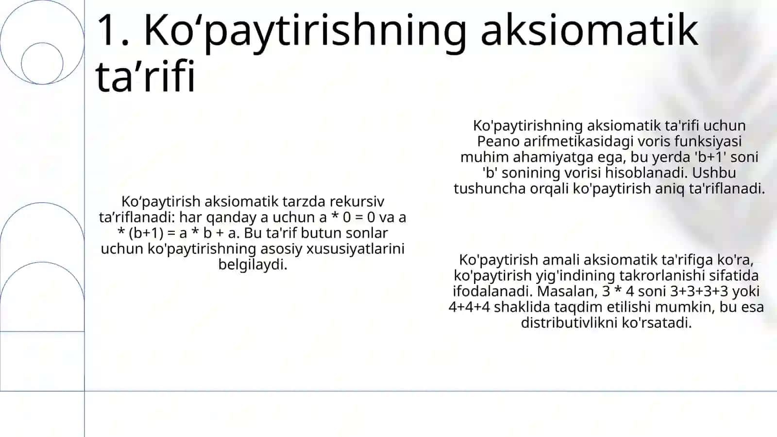 Nomanfiy butun sonlarni ko‘paytirish amalining aksiomatik taʼrifi. Ko‘paytirish qonunlari 3
