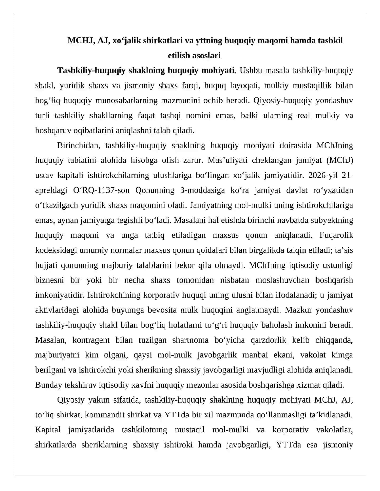 MCHJ, AJ, to‘liq shirkat, kommandit shirkat va yttning qiyosiy-huquqiy tavsifi Huquqiy maqom, kapital, javobgarlik va boshqaruv.docx 3