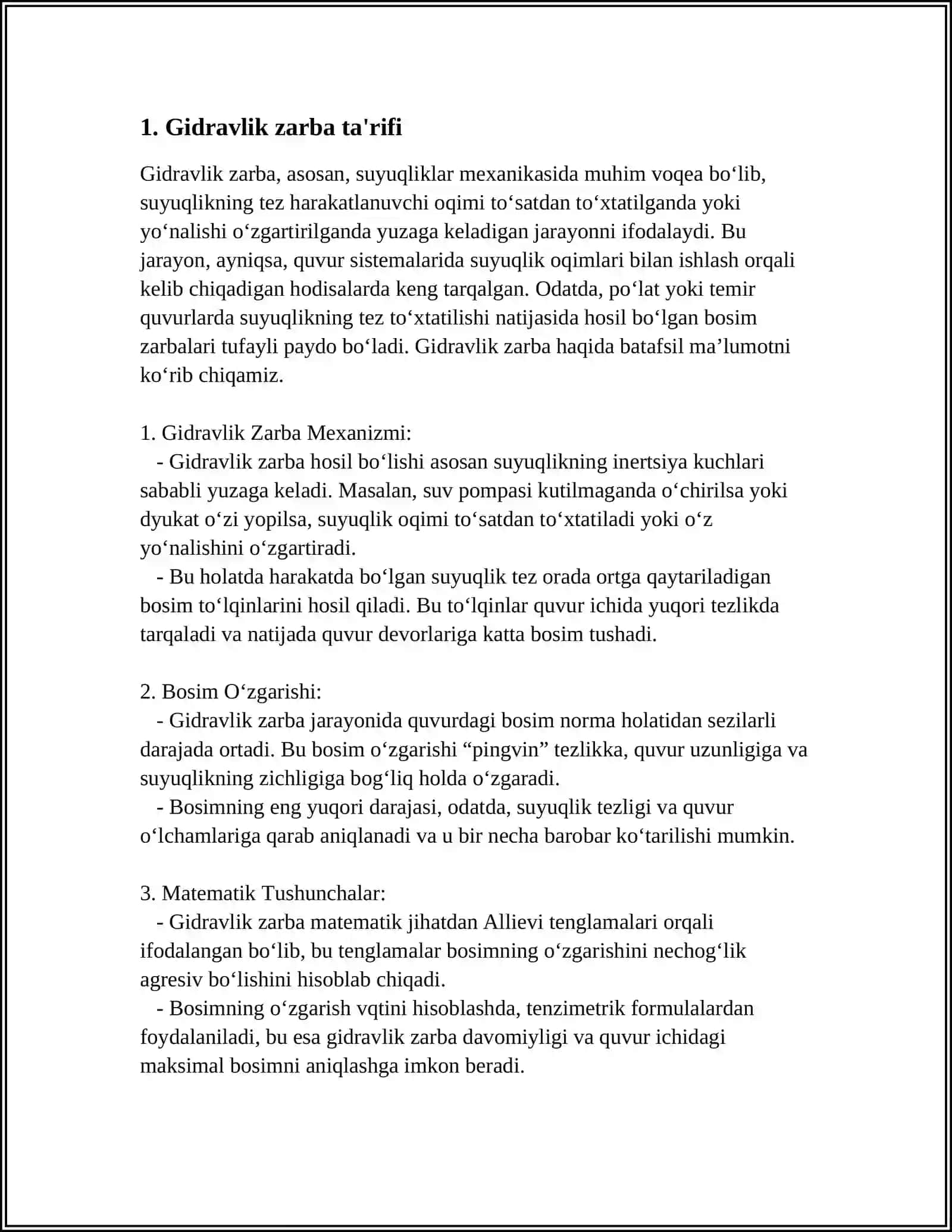 SUYUQLIK VA GAZLARDA QUVURLARDAGI GIDRAVLIK ZARBA 3