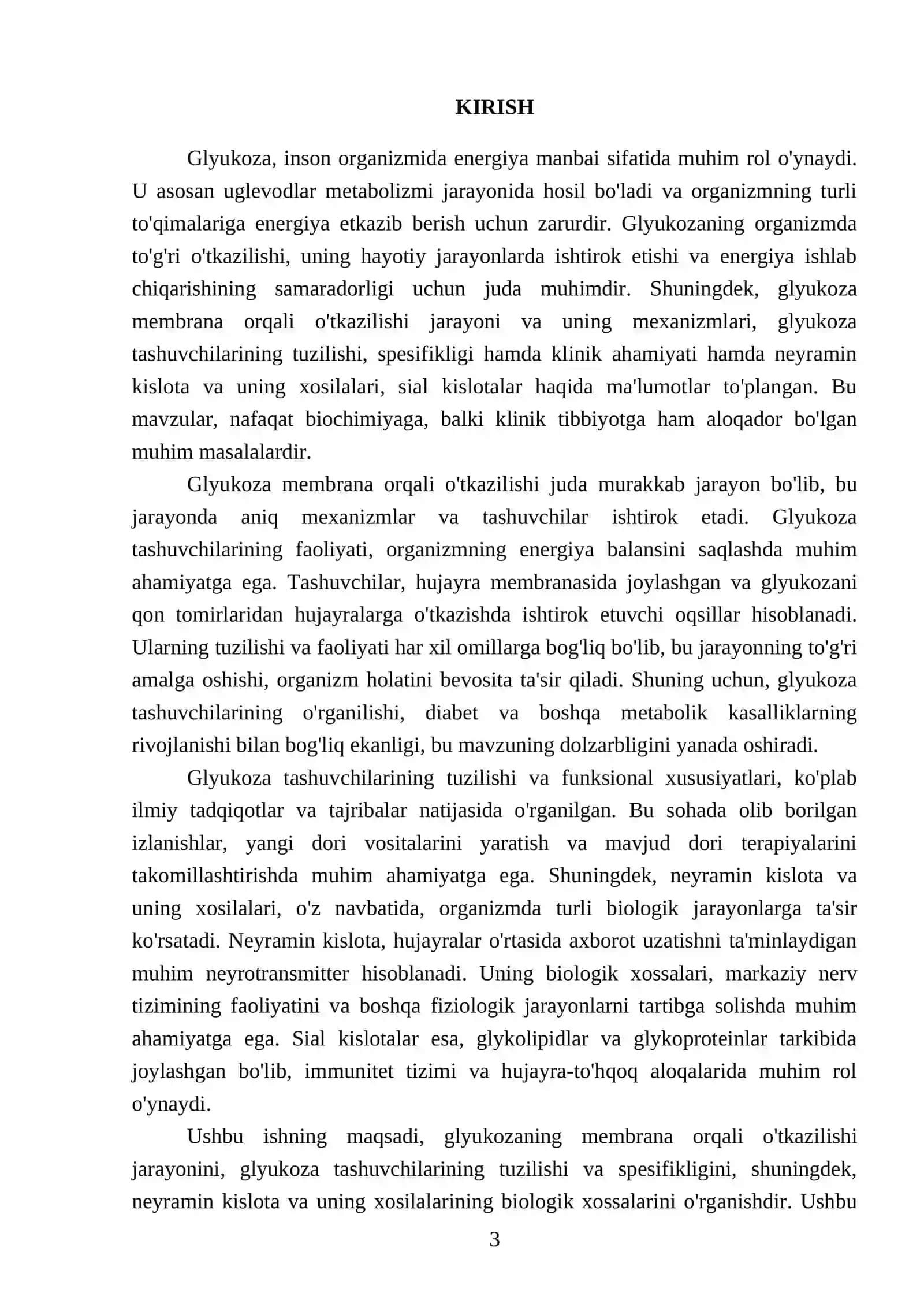 Glyukozani membrana orqali otkazilishi. Glyukoza tashuvchilarining tuzilishi spetsefikligi,klinik ahamiyati 3
