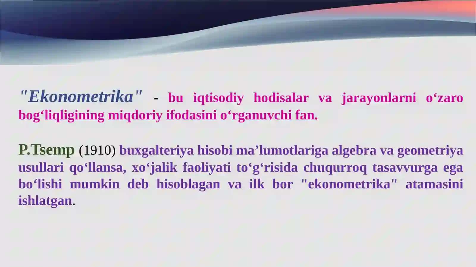 Ekonometrik modellashtirish asoslari. Ekonometrikada ehtimollarni nazariyasi va matematik statistikaning asosiy tamoyillari 3