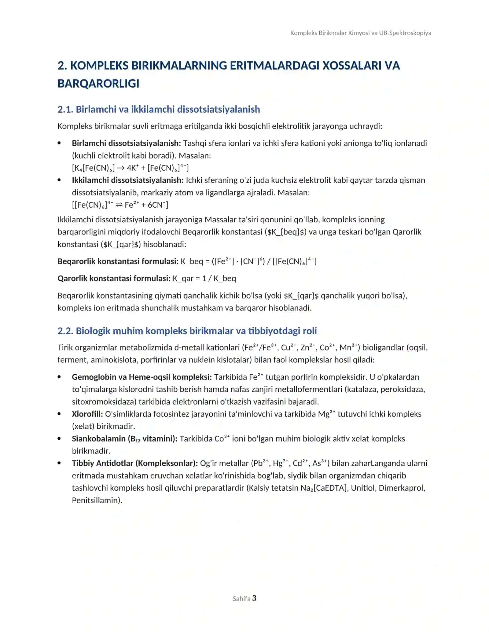 Kompleks Birikmalar Kimyosi va UB-Spektroskopiya 3