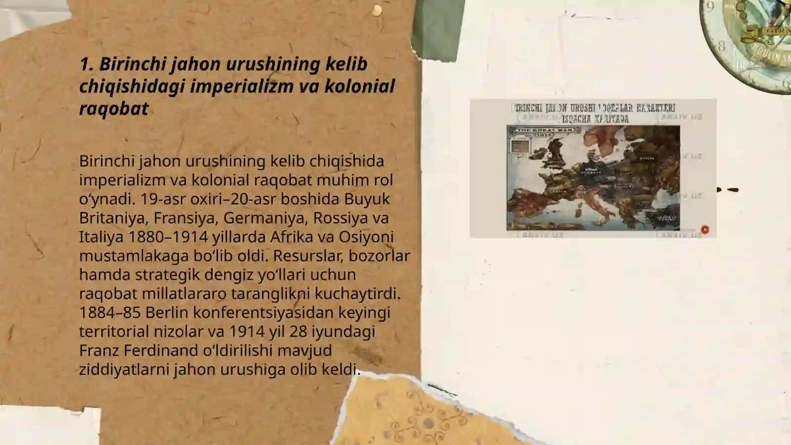 Birinchi jahon urushining kelib chiqish sabablari va oqibatlari. Oʻzbekiston SSR tashkil topishi 3