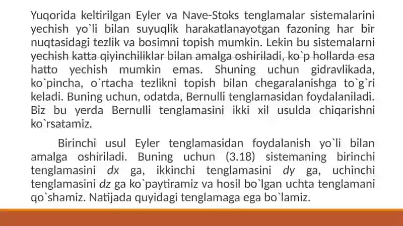 Elementar oqimcha uchun Bernulli tenglamasi 3