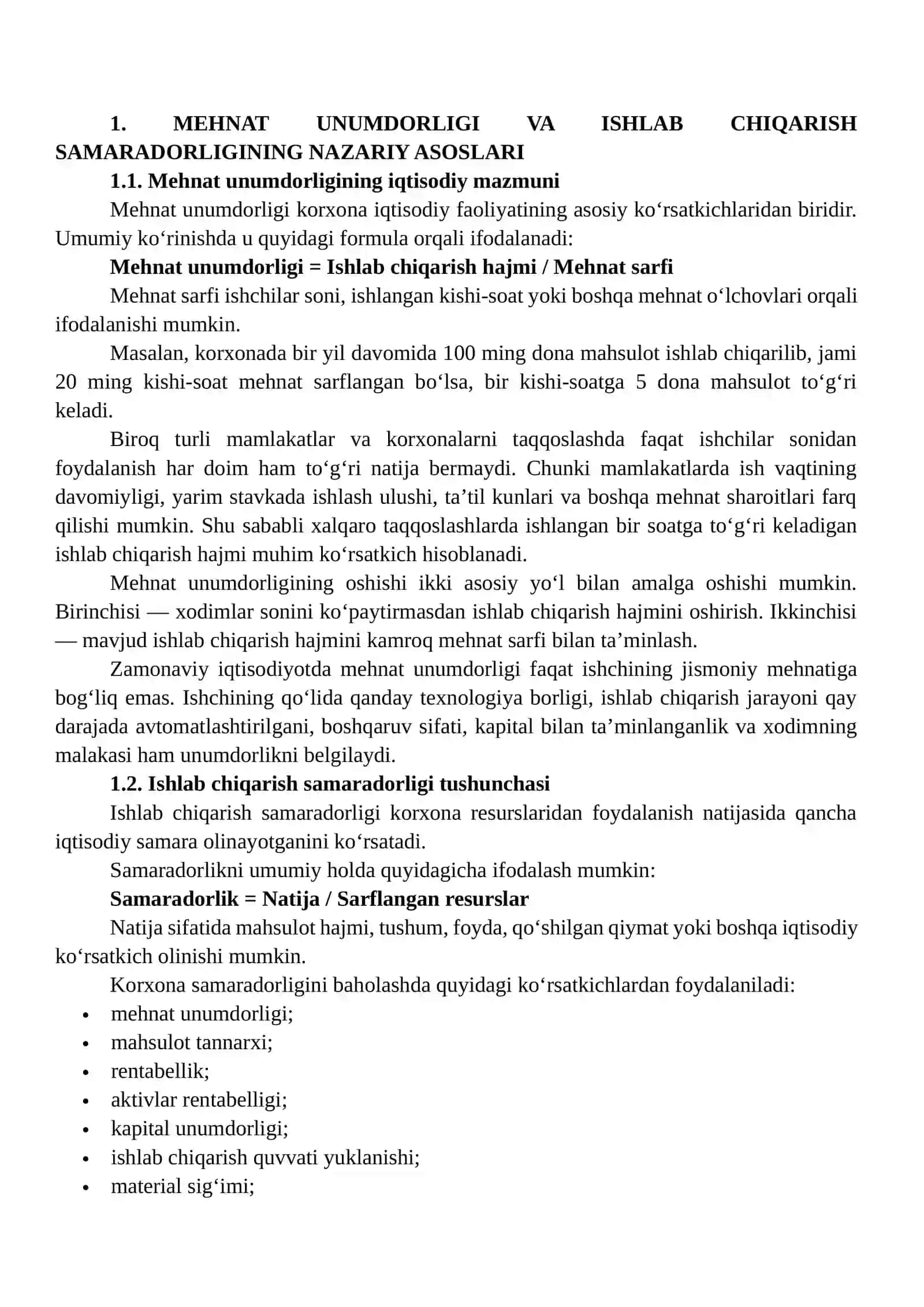 Korxonalarida mehnat unumdorligi va ishlab chiqarish samaradorligi dinamikasi 3