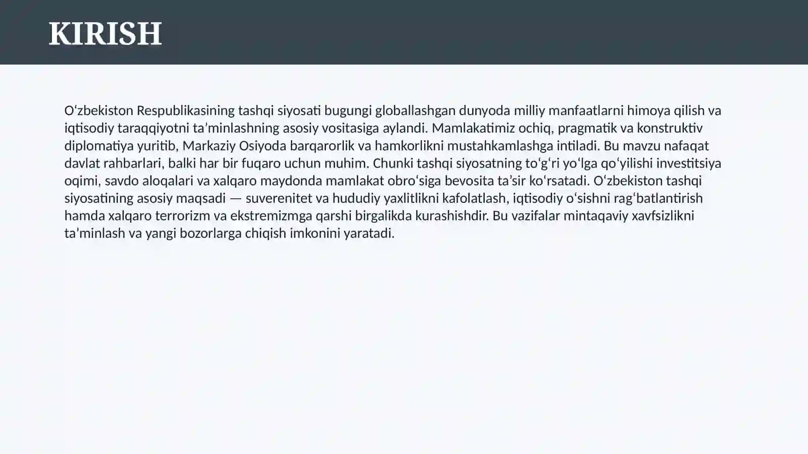 O’ZBEKISTON RESPUBLIKASI TASHQI SIYOSATINING MAQSAD VA VAZIFALARI 3