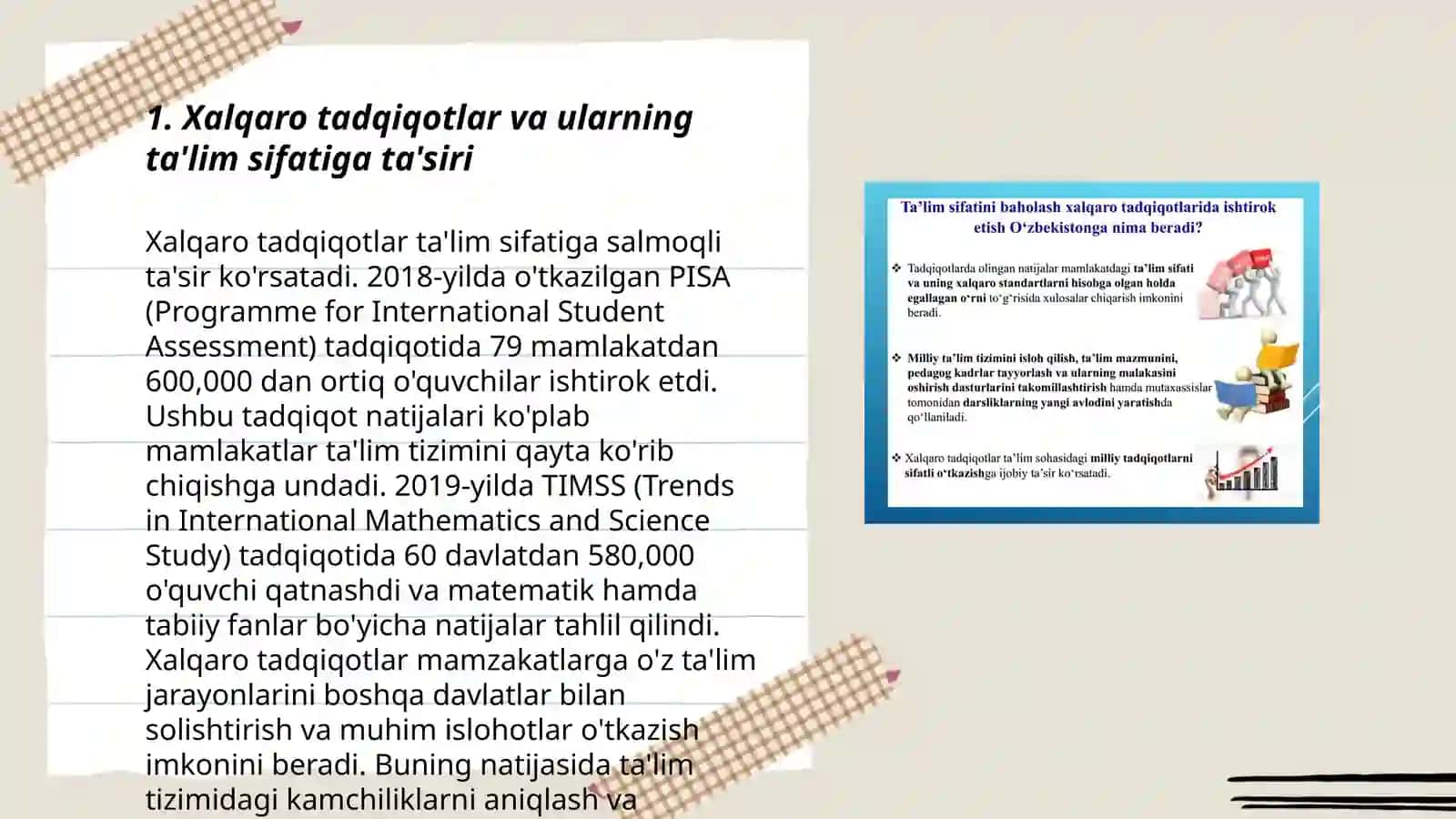 Xalq taʼlimi tizimida taʼlim sifatini baholash boʻyicha xalqaro tadqiqotlarni (PISA,TIMSS,PIRIL,TALIS)joriy etishning meyoriy -huquqiy asoslari asosiy maqsadlar va chora tadbirlar 3