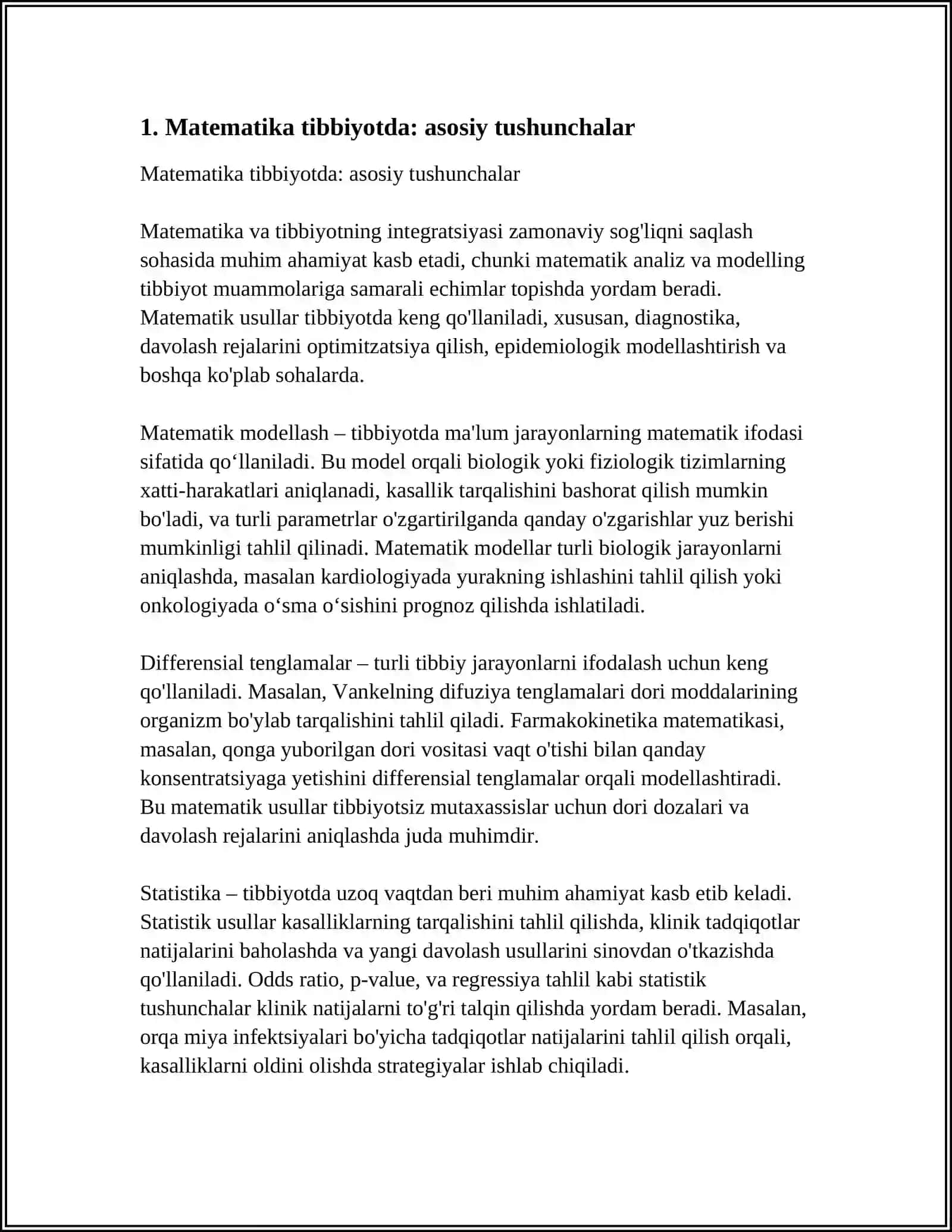 TIBBIYOTDA MATEMATIK MODELLASHTIRISH USLUBLARINI O’RGANISH. FIZIK MA MATEMATIK MODELLASHTIRISH, OLINGAN NATIJALAR ASOSIDA PROGNOZ QILISH 3