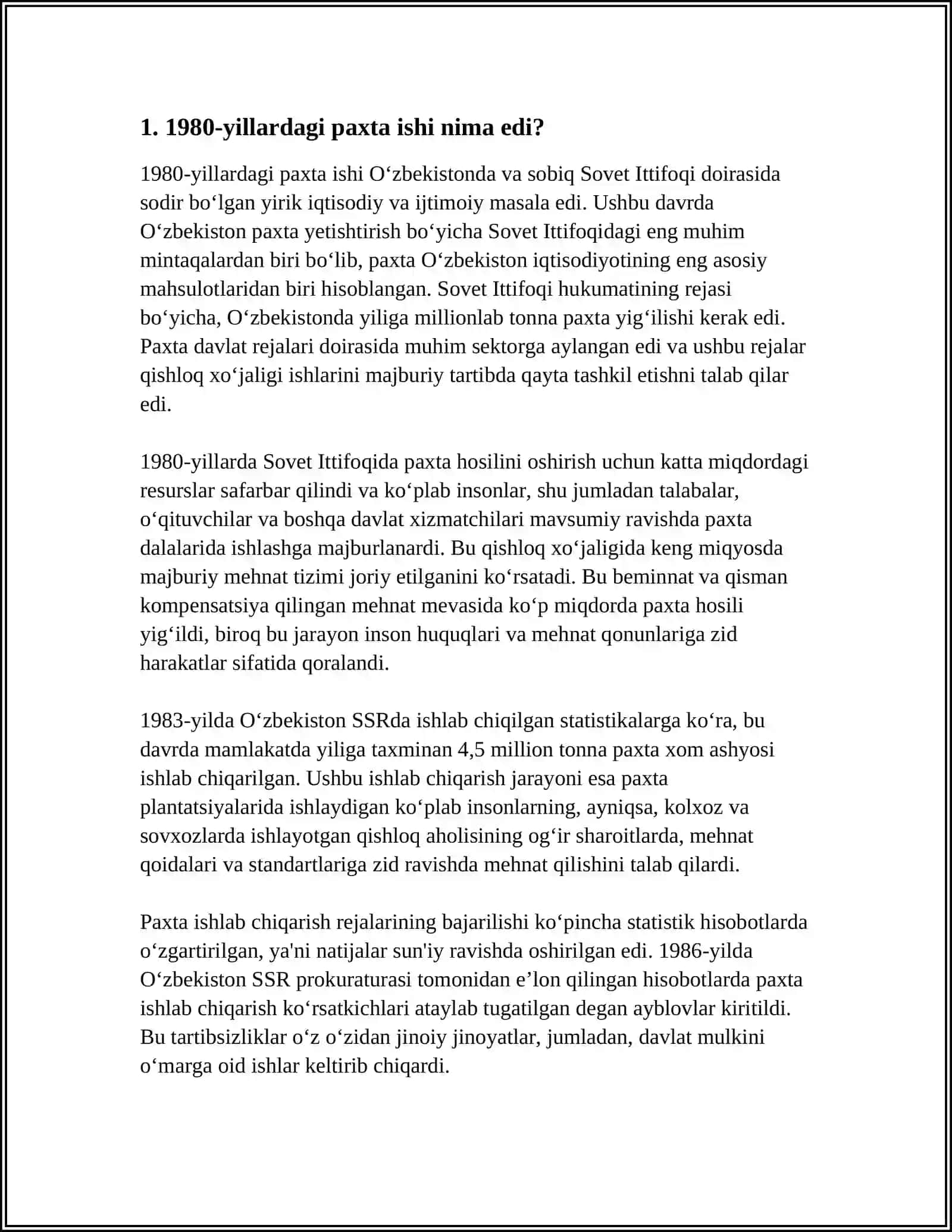 1980 YILLARDA QATAG'ONLARNING YANGI BOSQICHI "PAXTA ISHI 3