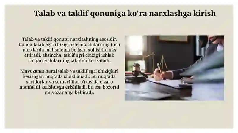 Talab va taklif qonuniga koʻra narx belgilash usullari 3