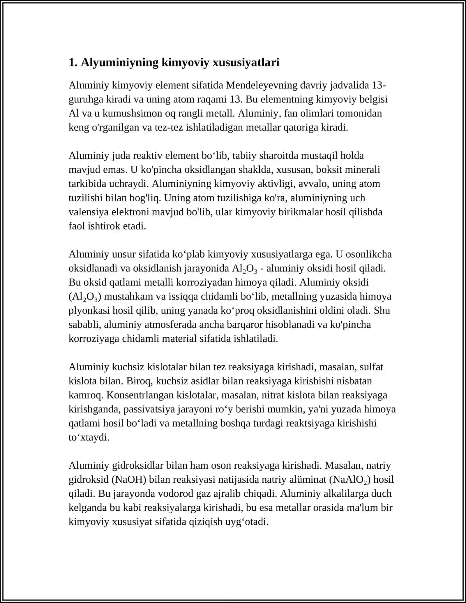 ALYUMINIYNING XUSUSIYATLARI, TEXNIKADA UNING OʻRNI VA ISHLAB CHIQARISHNING TARIXI 3