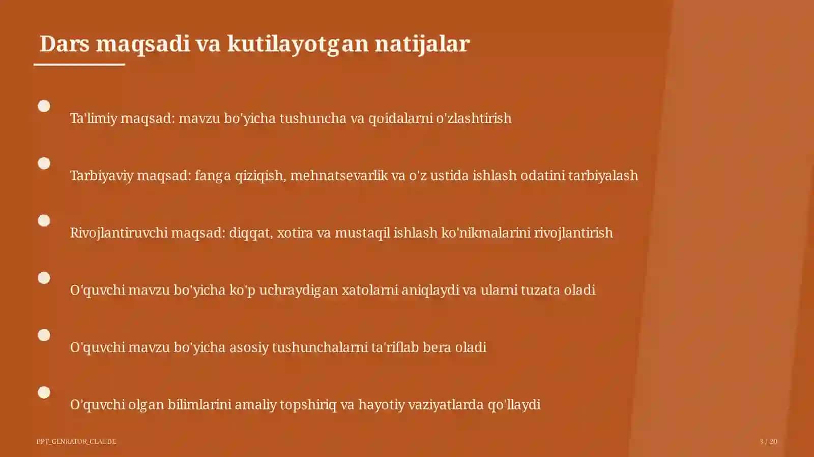 Dars maqsadi va kutilayotgan natijalar 3