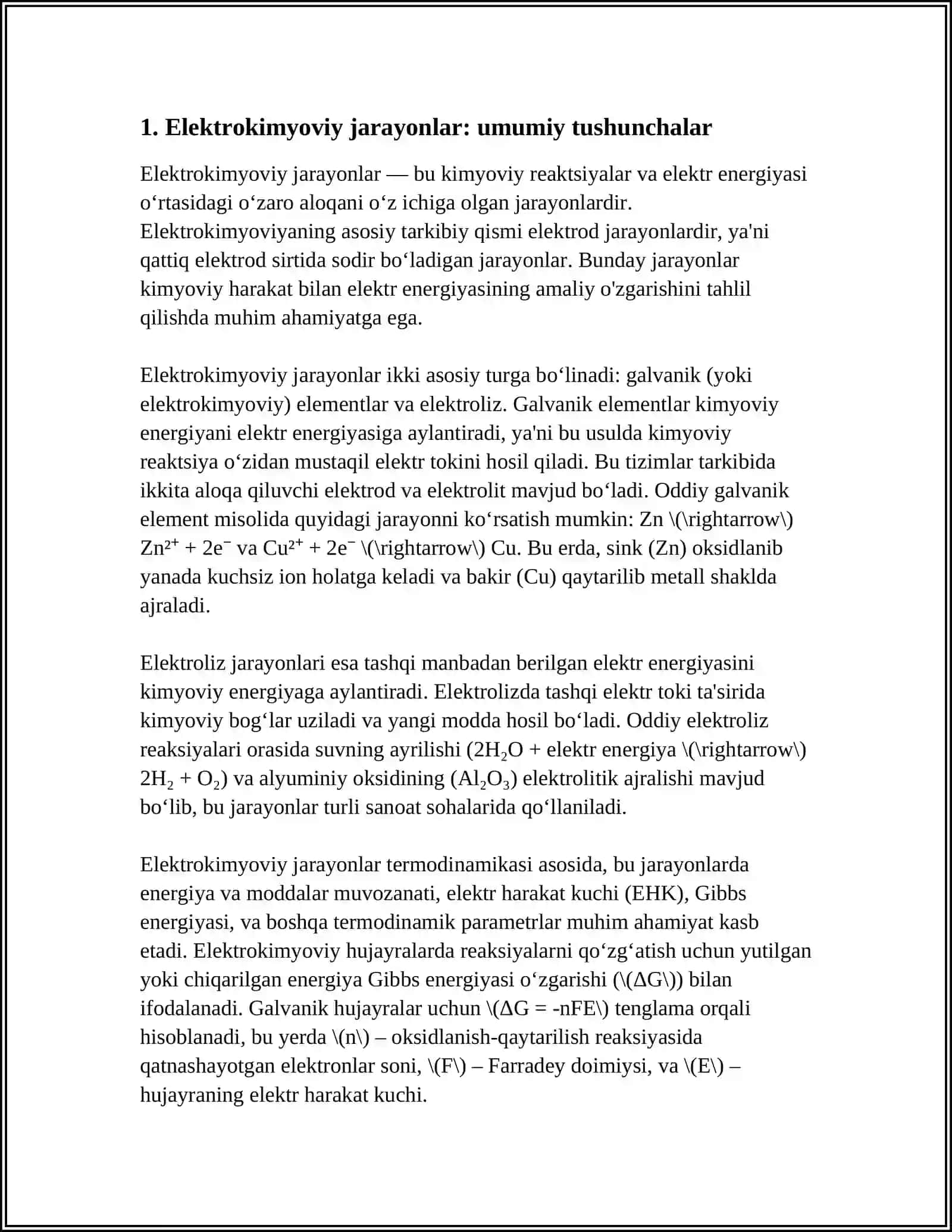 ELEKTIROKIMYOVIY JARAYONLAR. ELEKTROD JARAYONLARNI TERMODINAMIKASI 3