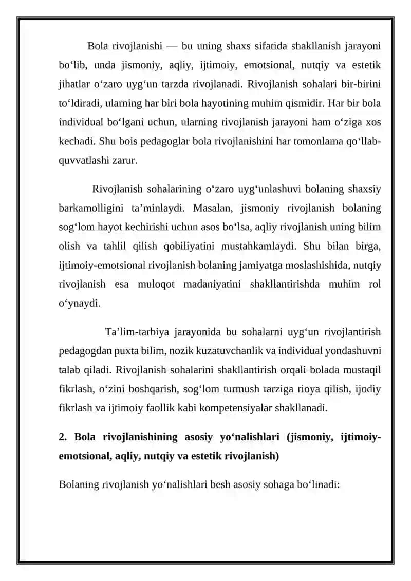 Mustaqil ish Mavzu: Bolaning rivojlanish sohalari kompetensiyalari 3
