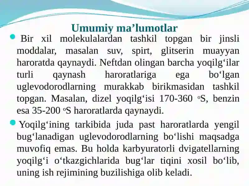 Avtomobilbenzinlarining bug‘lanuvchanligini aniqlash 3