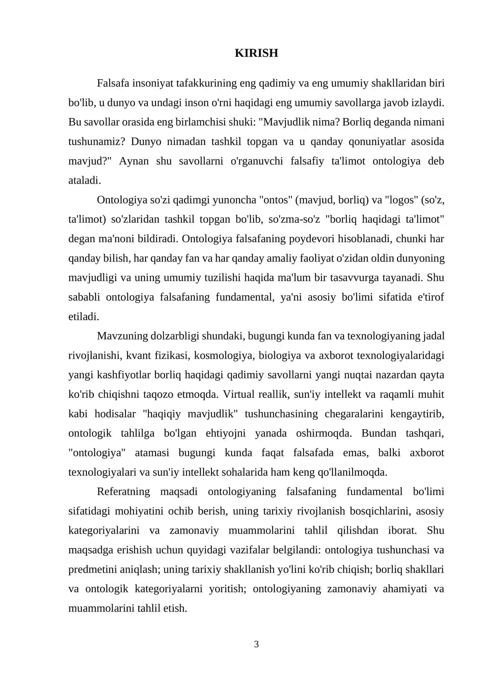 ONTOLOGIYA — FALSAFANING FUNDAMENTAL BO'LIMI 3