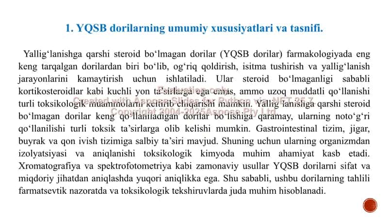 3. Yallig'lanishga qarshi steroid bo'lmagan dorilar. Toksikologik ahamiyati, izolyatsiyasi, sifat va miqdoriy tahlili. Taqdimot 12 bet. 3