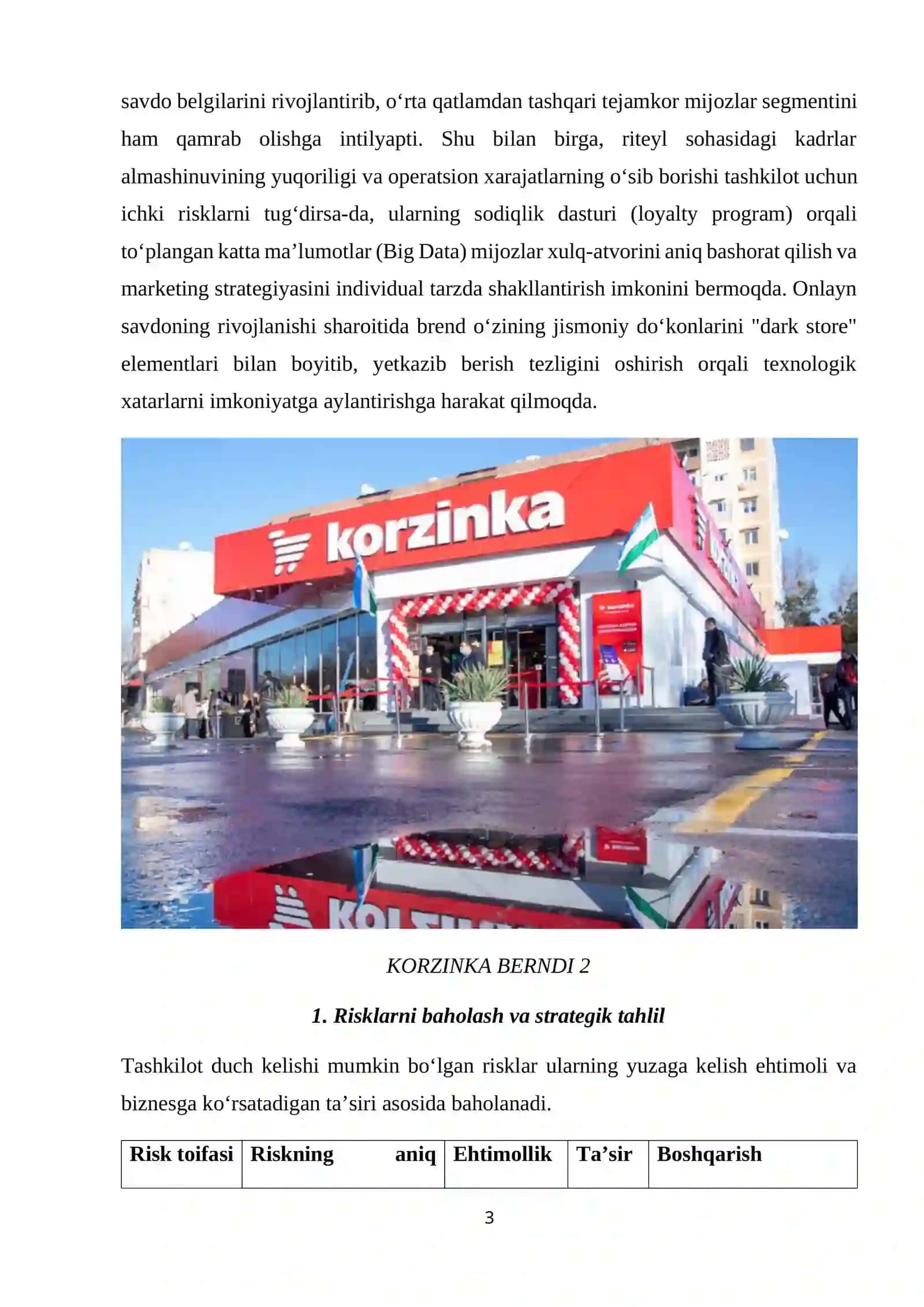 Ihtiyoriy 1 o’z brendiga ega bo’lgan tashkilot olib uni tahlil qilib yuzaga kelishi mumkun bo’lgan risklarni baholash hamda solishtirma tahlil qilib yozib tushuntirib bering 3
