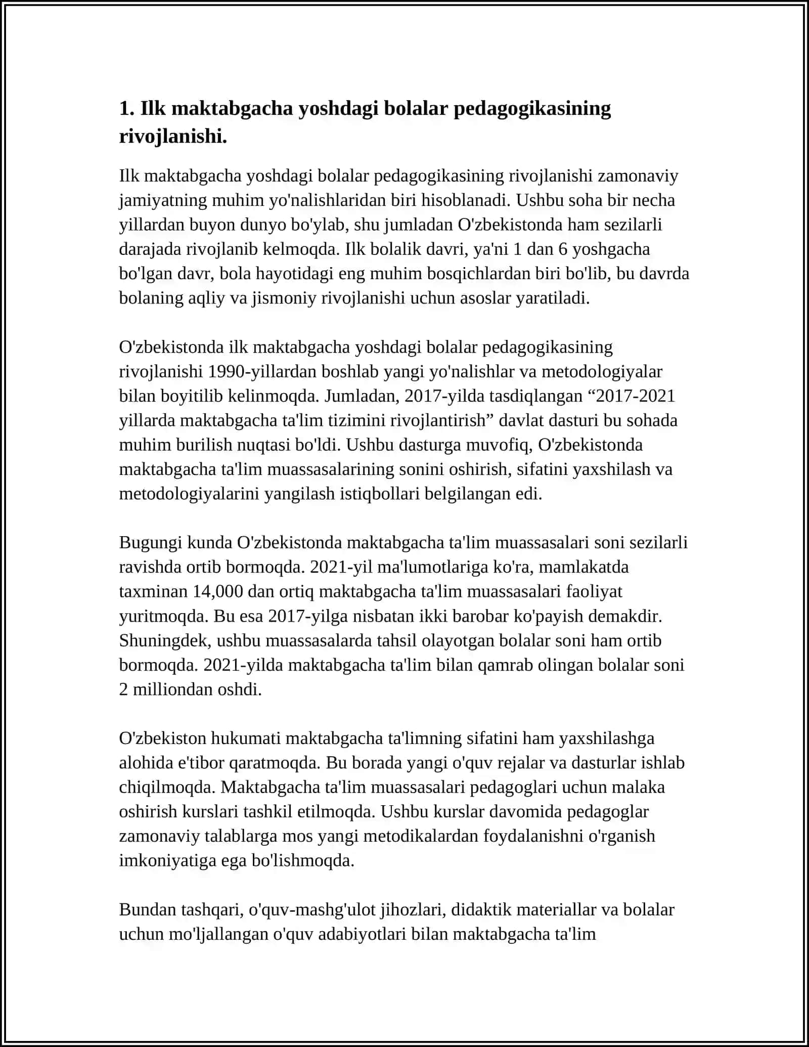ILK VA MAKTABGACHA YOSHDAGI BOLALAR PEDAGOGIKASINING FAN SIFATIDA RIVOJLANISH BOSQICHLARI, MAKTABGACHA TA'LIMNING TASHKIL TOPISHI 3