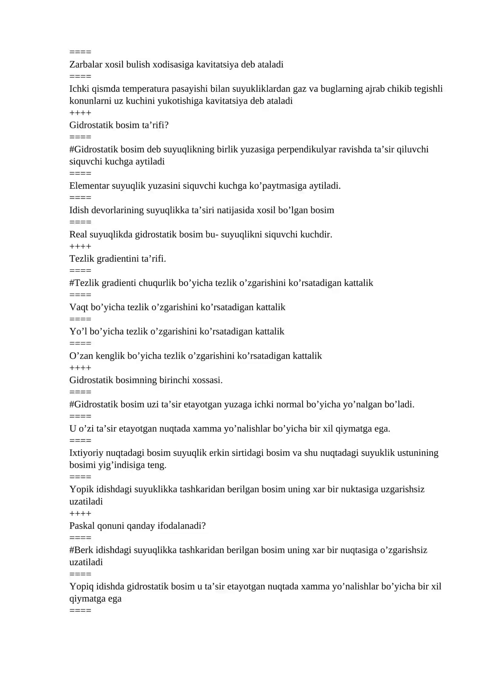 Suyuqlik va gaz mexanikasidan testlar 3