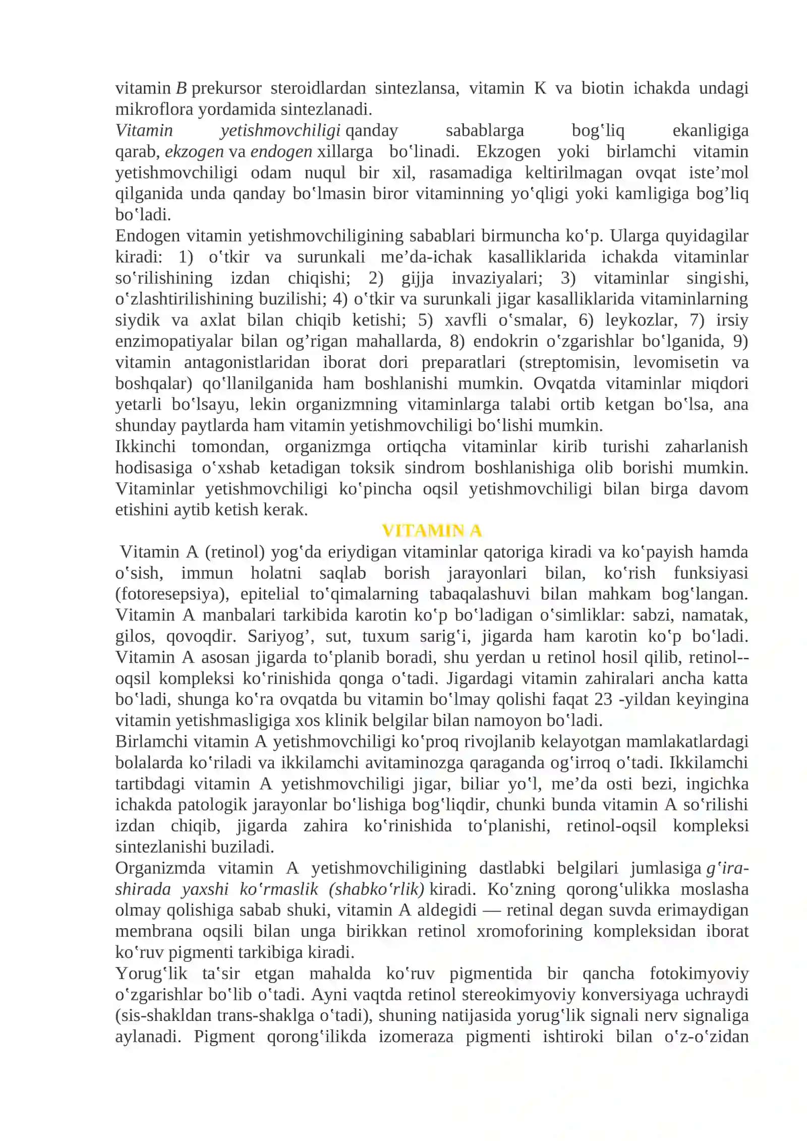Ovqatlanish va tashqi muxit tasirlari bilan bog‘liq bo‘lgan kasalliklar. Ximik va fizik agentlarning toksikligi. Atrof muxit ifloslanishi. Tamakining tasiri. Alkogolning tasiri. Dori vositalari va ularni suistemol qilishnatijasida zararlanish. Oziqlanish etishmovchiligi (avitaminoz) 3