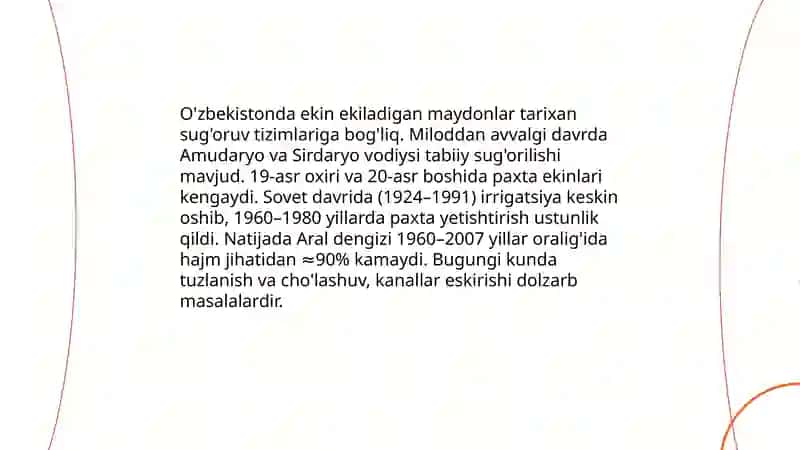 O'zbekistonda ekin ekiladigan maydonlarning yaratiliahi va hozirgi holati 3