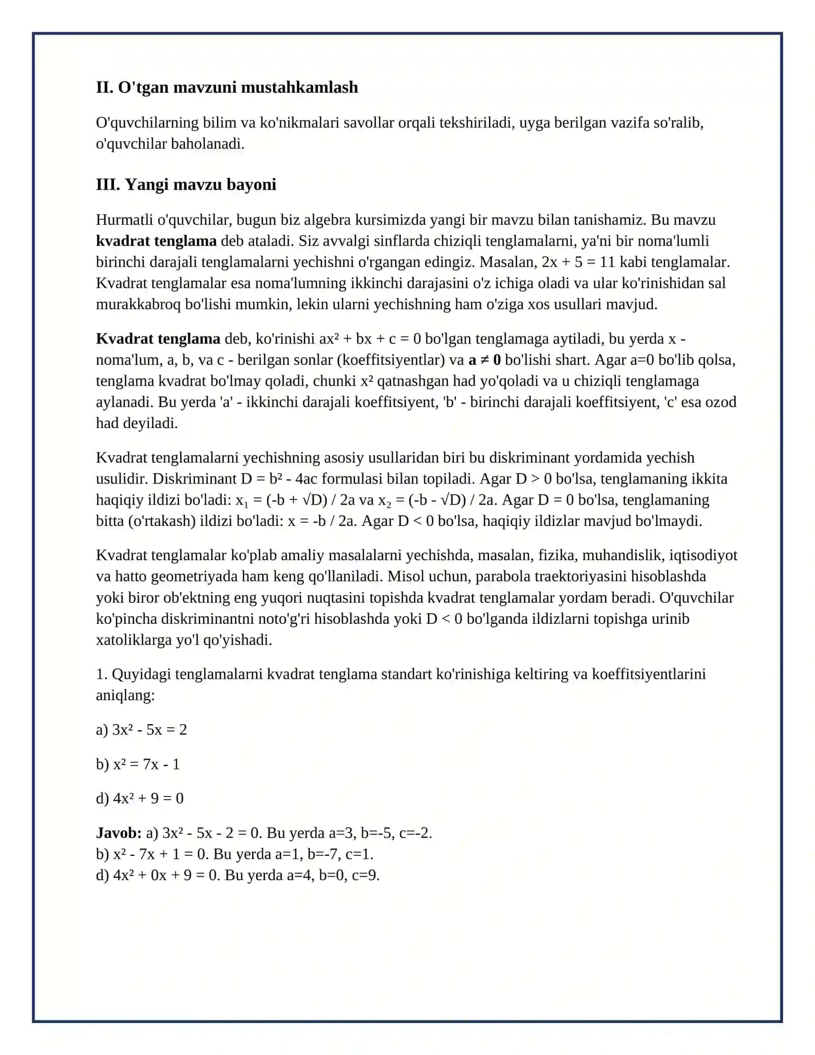 Lesson on Kvadrat temglama 3