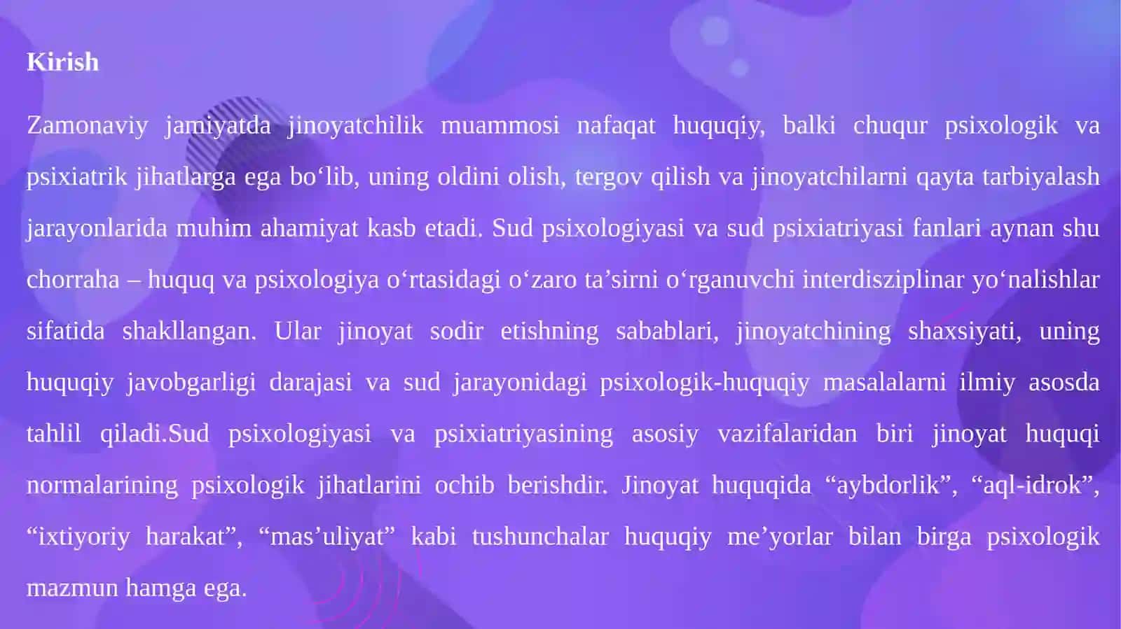 Sud psixologiyasi va psixiatriyasiga kirish. Jinoyat huquqi normalarining psixologik ji 3