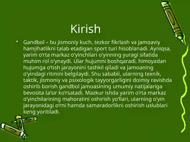 Gandbol o’yinida yarim o’rta markaz o’yinchilarini mahoratini oshirish. Ikki tomonlama o’quv o’yini. 3