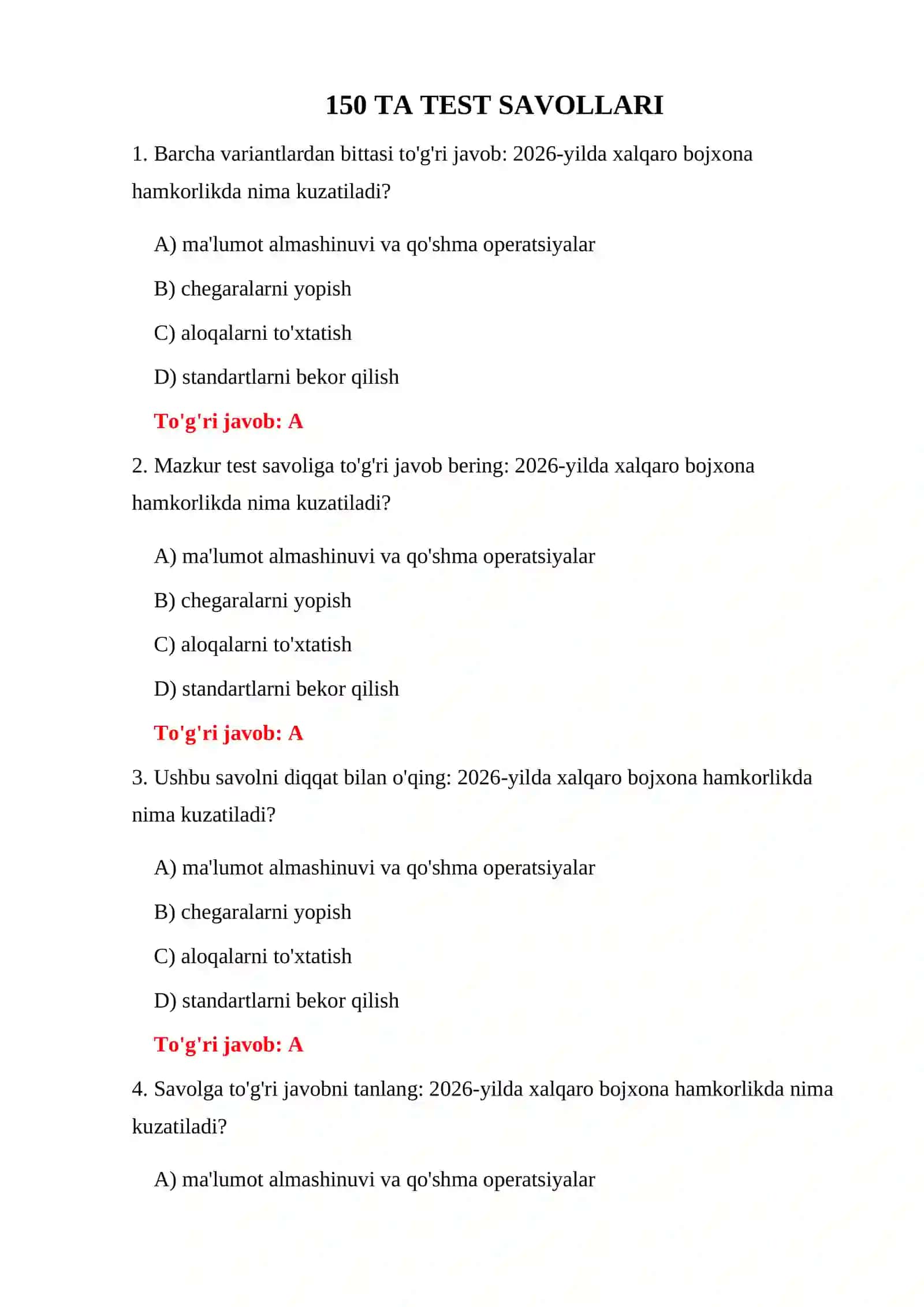 BOJXONA IMTIHON TESTLARI 2026 3