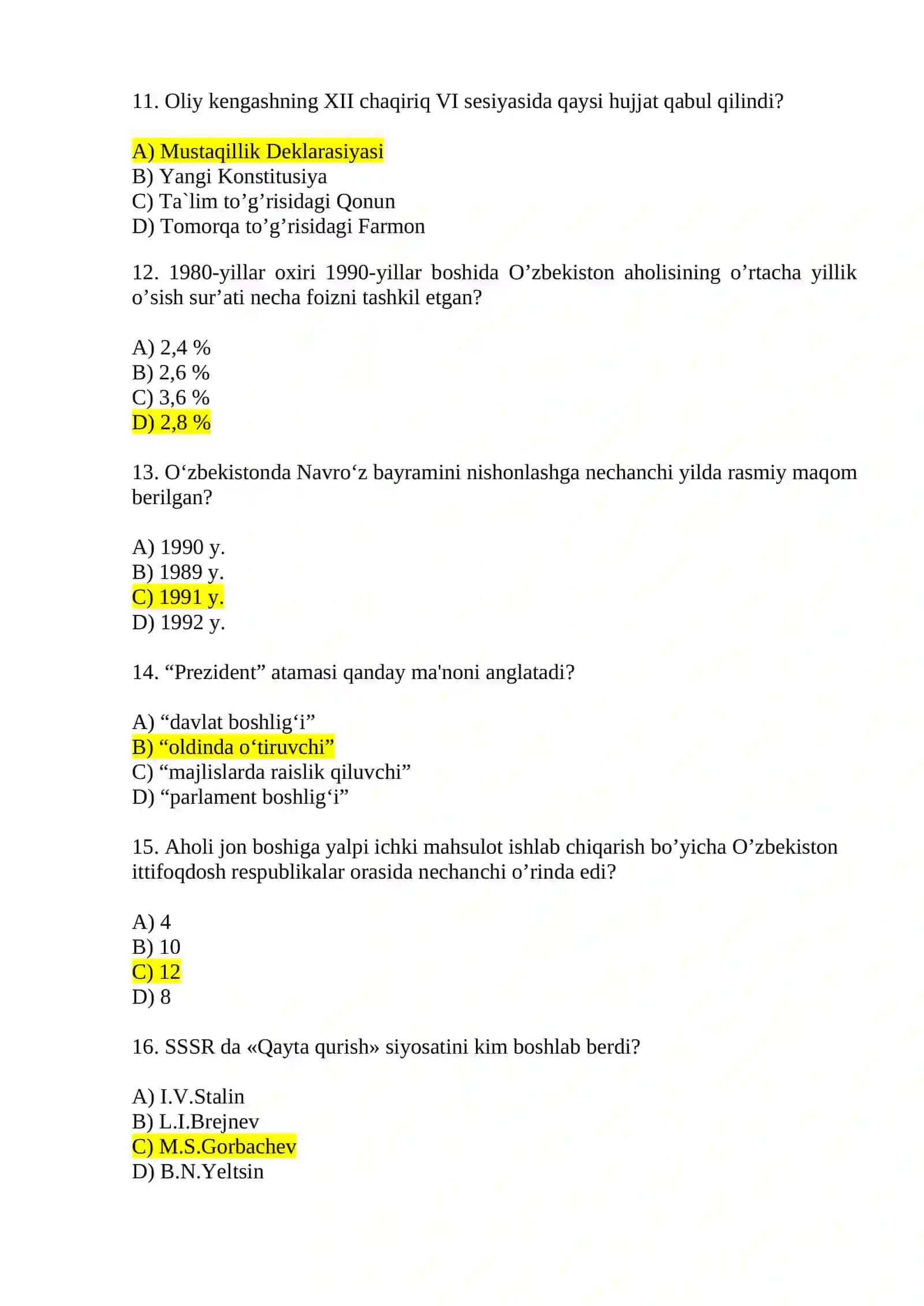 Mustaqillikka erishish arafasida O‘zbekistondagi ijtimoiy-siyosiy jarayonlar Test savollari 3