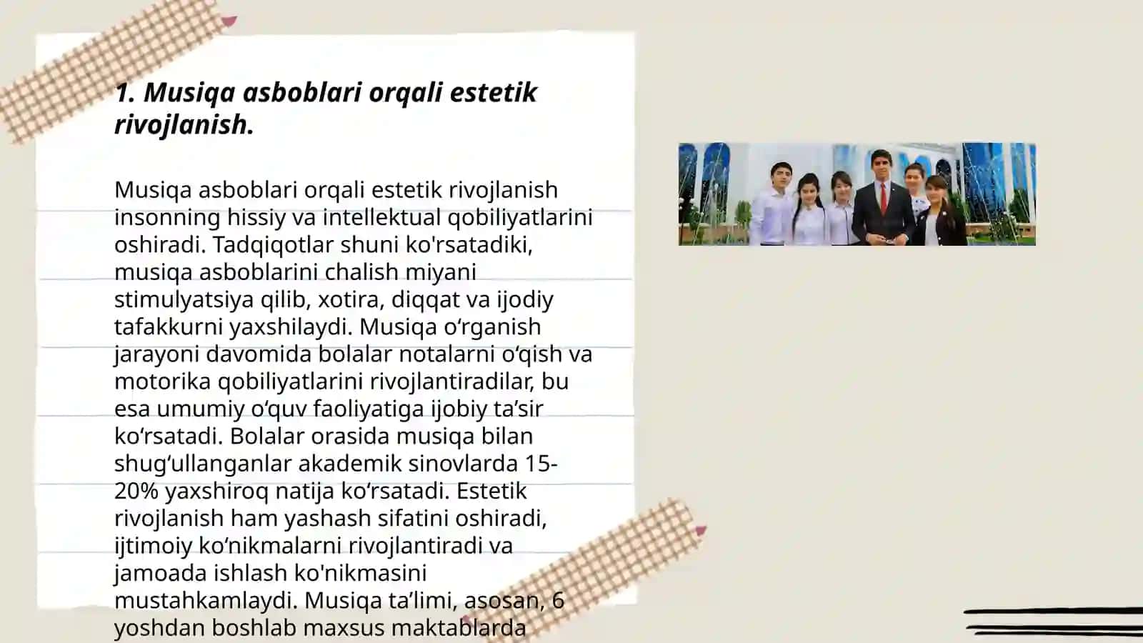 Ilk qadam davlat oʻquv dasturi asosida faoliyat markazlarida maktabgacha yoshdagi bolalarni estetik rivojlantirishni tashkil qilish(Musiqa asboblaridan foydalanishga oʻrgatish) 3