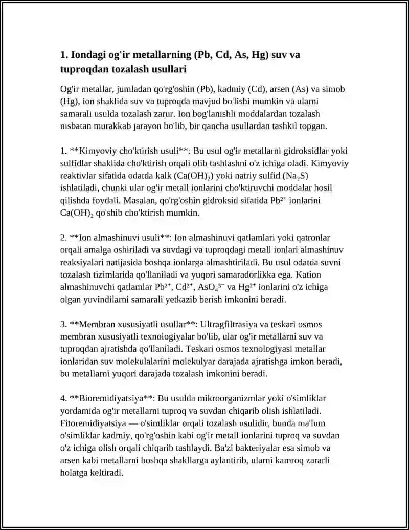 IFLOSLANGAN SUV VA TUPROQDAGI ION BOG`LANISHLI MODDALARDAN TOZALASH 3