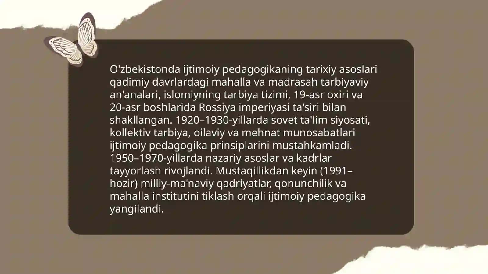 O'zbekistonda ijtimoiy pedagogikaning paydo bo'lishi, manaviy tarixiy ijtimoiy huquqiy shart- sharoitlari 3