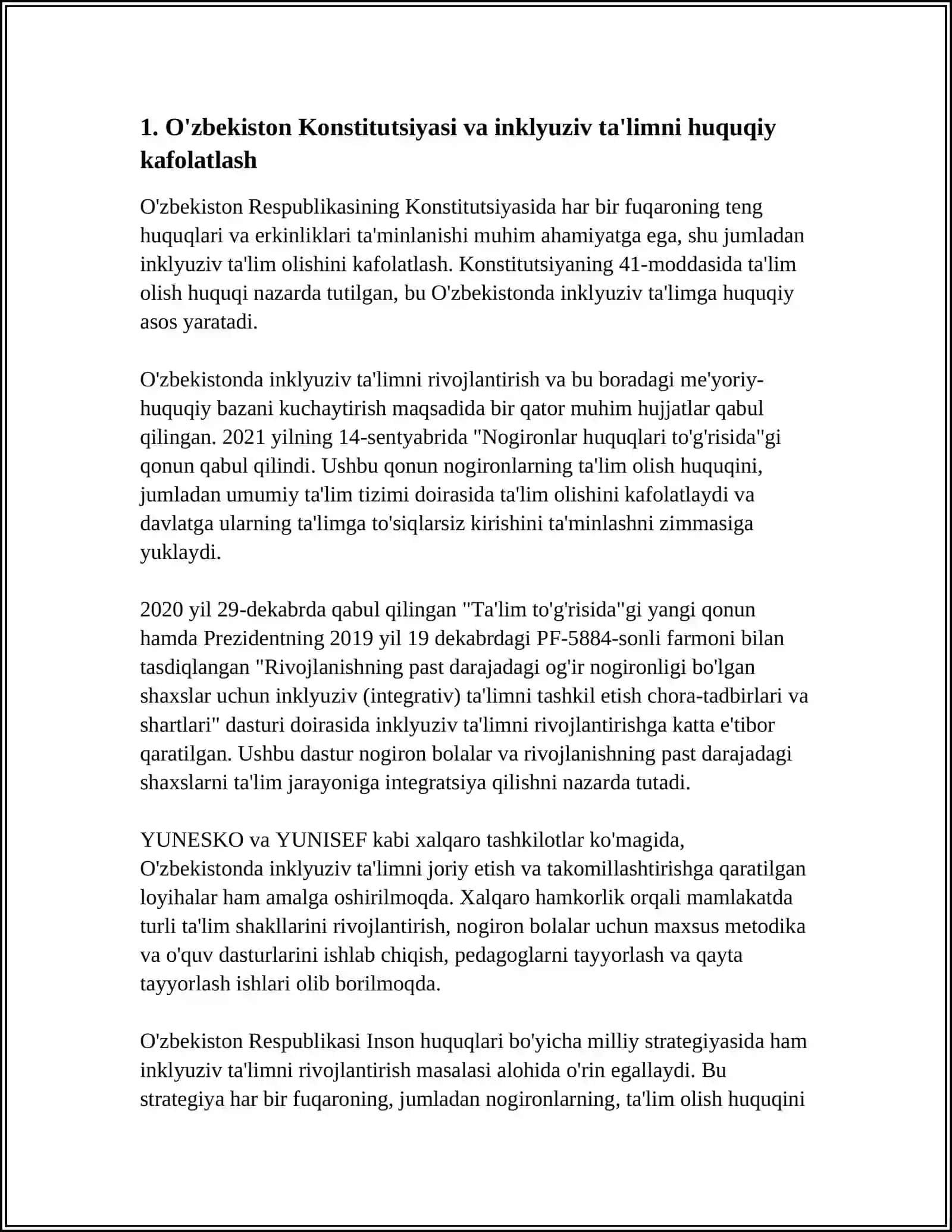 O'ZBEKISTONDA INKLYUZIV TALIMNING MEYORIY HUQUQIY BAZASINI TAHLIL QILISH 3