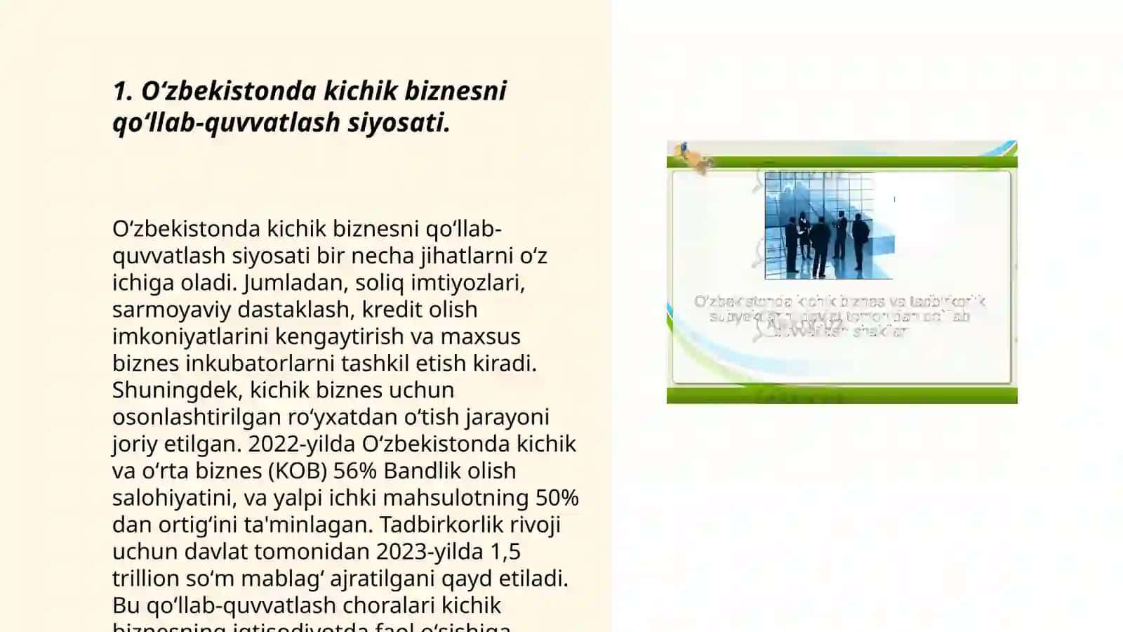 Oʻzbekistonda kichik biznes va xususiy tadbirkorlikni rivojlantirish istiqbollari 3