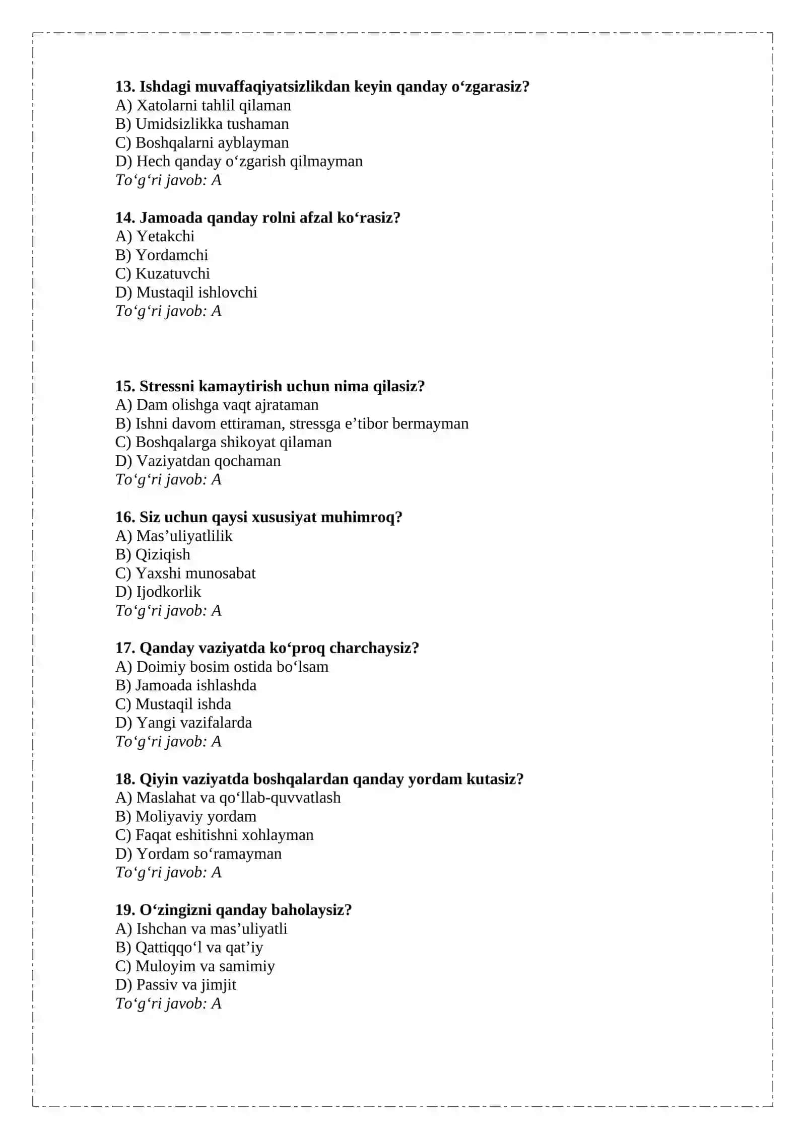 100 TA VARIANTLI PSIXOLOGIK TEST SAVOLLARI ICHKI ISHLARGA KIRUVCHILARGA 3