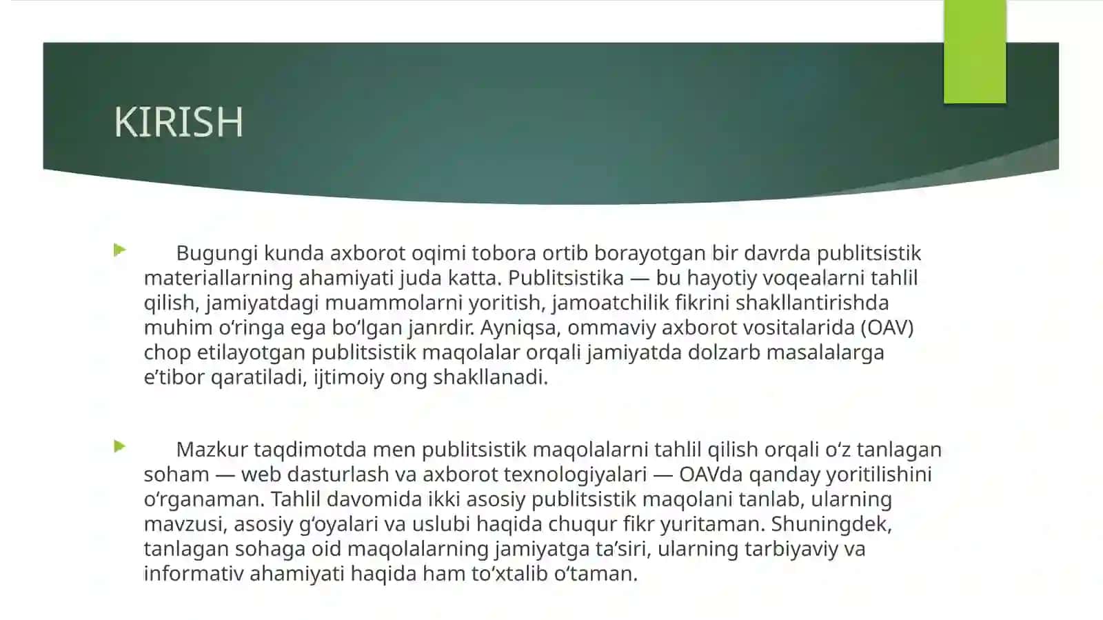 Publitsistik maqolalar bilan tanishish va tahlil qilish. Men tanlagan soha va OAV mavzusida esse yozish 3