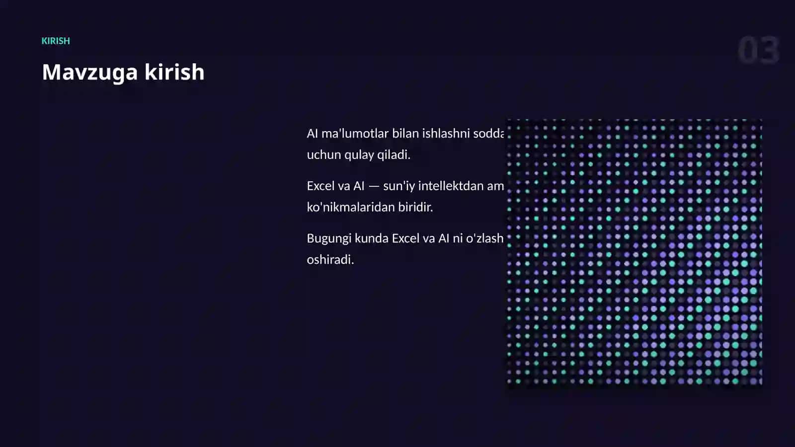 AI MA'LUMOTLAR BILAN ISHLASH Excel va AI: amaliy qo'llanma Sun'iy intellekt bo'yicha amaliy taqdimot · III to'plam 3
