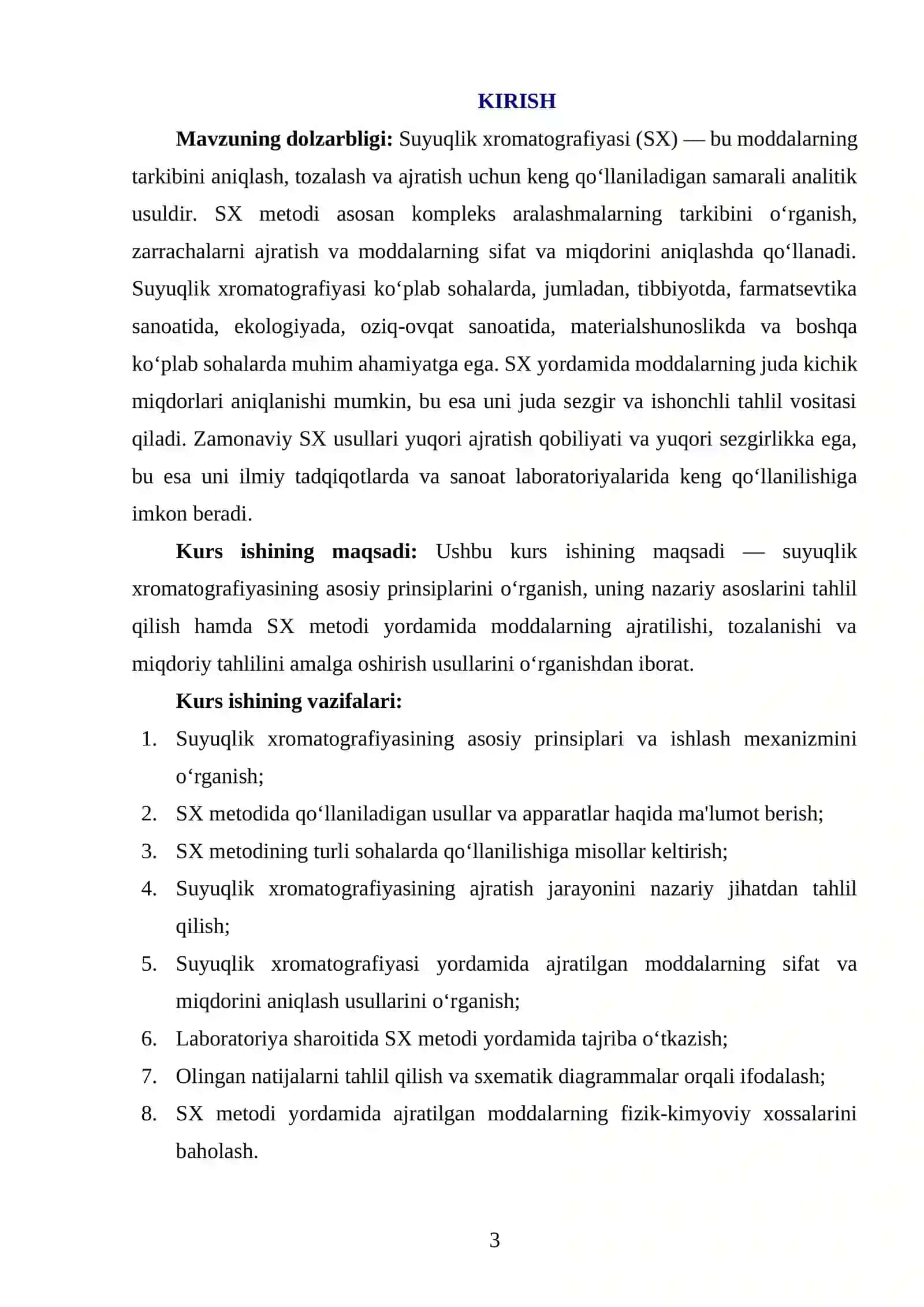 KIMYO YO'NALISHI "SUYUQLIK XROMATOGRAFIYASI" MAVZUSIDA YOZGAN KURS ISHI 3