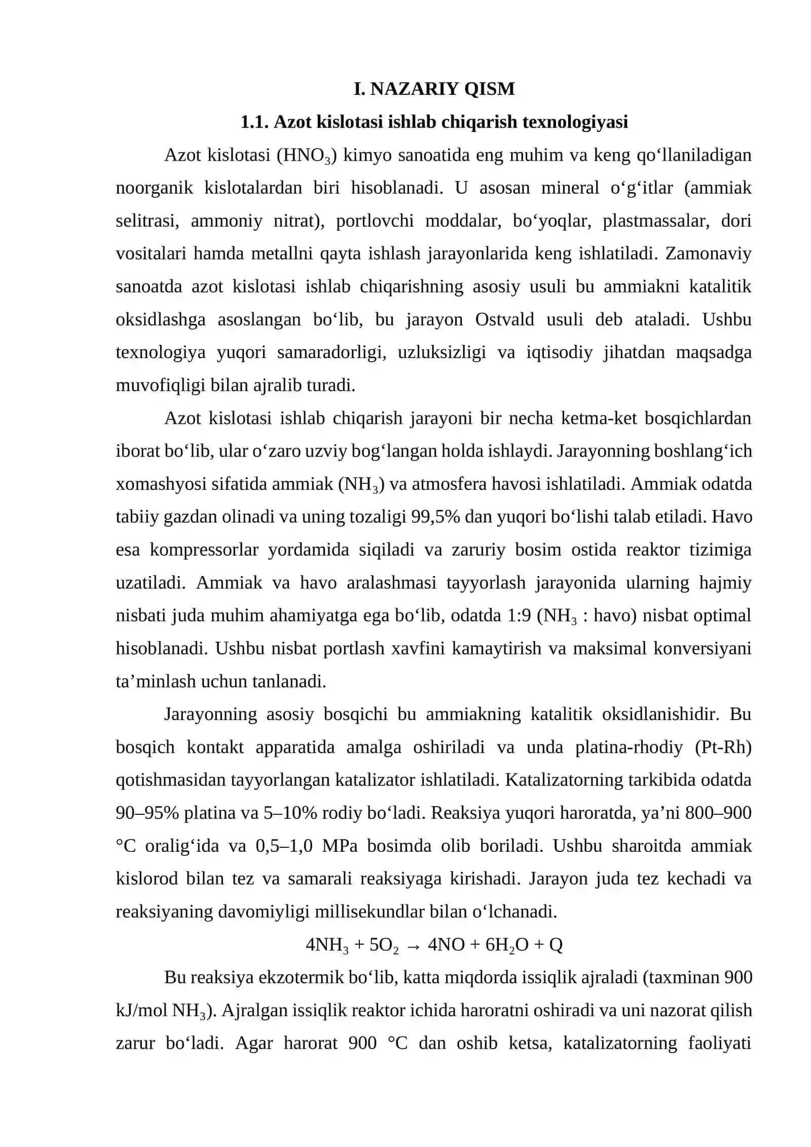 Azot kislotasi ishlab chiqarishda kontakt apparatini loyihalash. G=18000 kg/soat 3